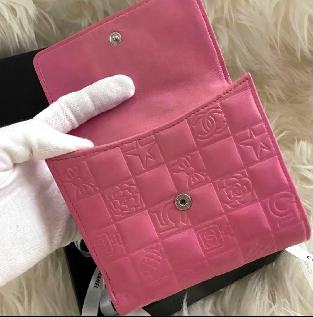 希少 シャネル CHANEL 二つ折り 財布 アイコンライン ピンクグリーン