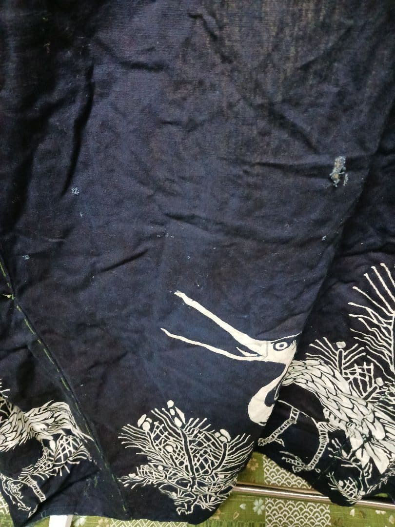 古布　夜着　綿　藍染　筒描き　家紋　鶴松　一枚
