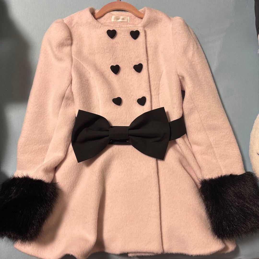 pium(ピウム) ハートボタンリボンベルトシャギーコート カラー:ピンク