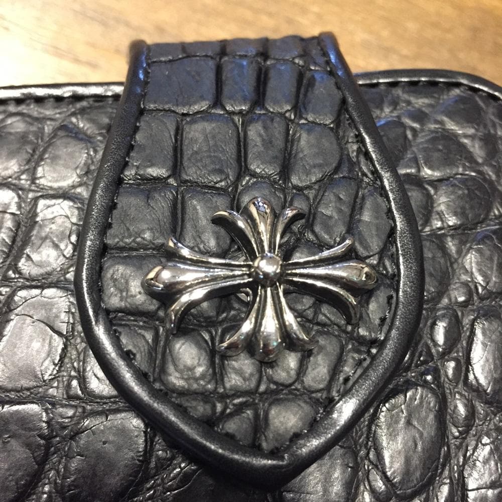 新品！高級‼クールなオールブラック！クロコダイル ワニ本革 バイカーズウォレット