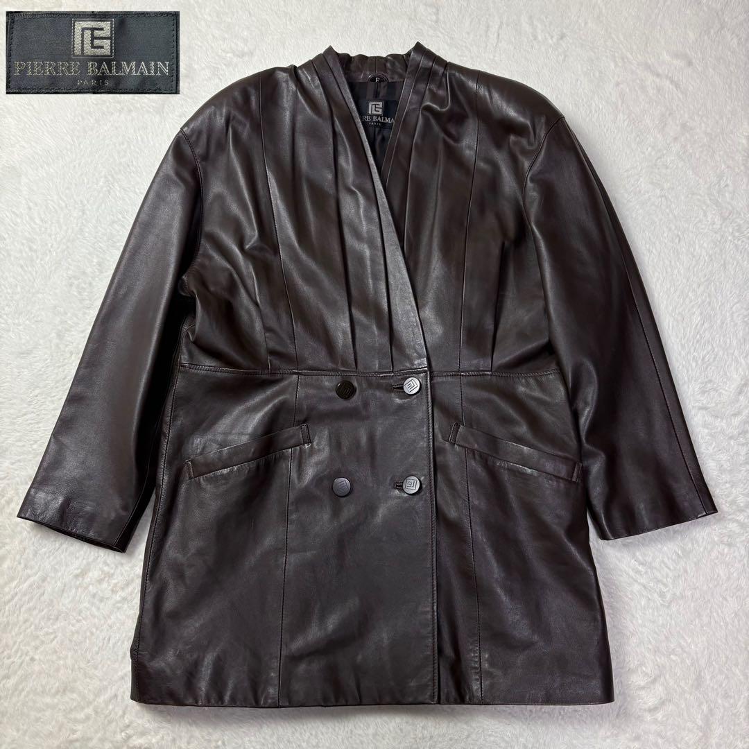 PIERRE BALMAIN ラムレザー ノーカラージャケット 日本製 裏地柄