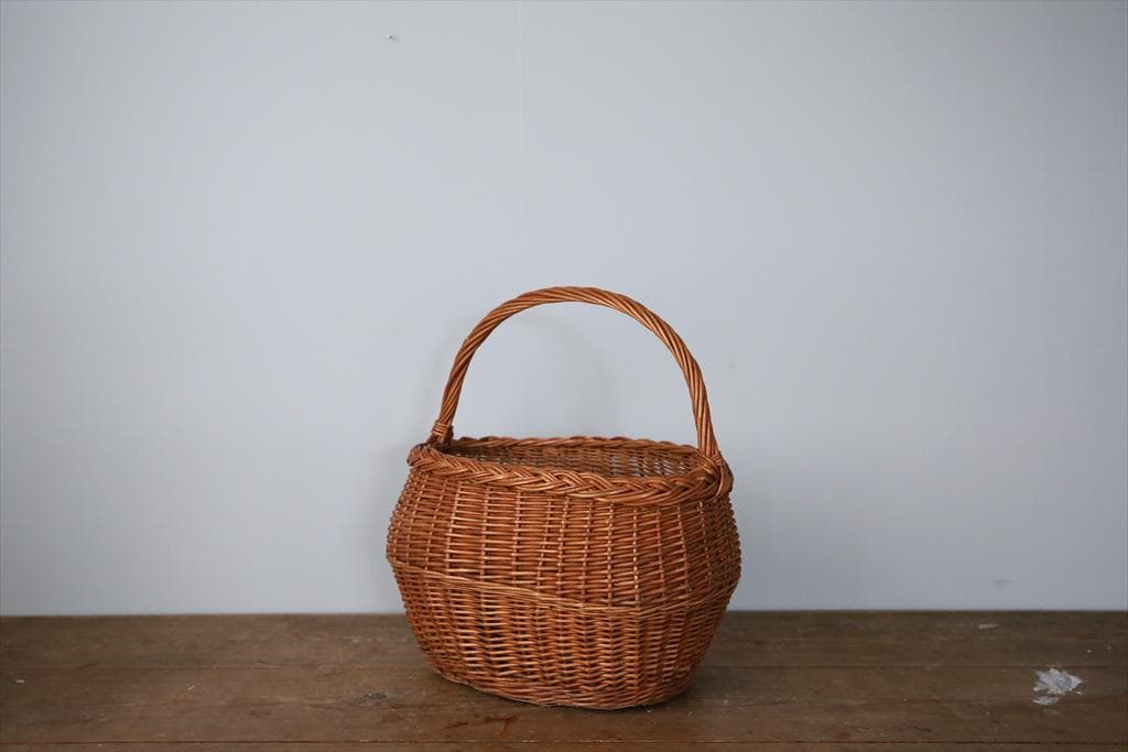 フランスアンティークラタン製バスケット/パニエ/アラログカゴ籐籠(86-15)