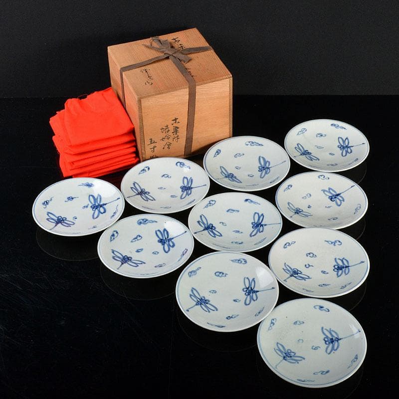 深川園　古染付写　蜻蛉文　五寸皿　十客　在銘　共箱　V　R4364