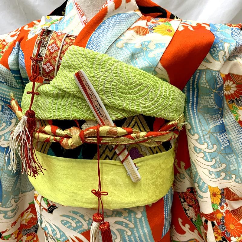 508ag72□七五三 七歳 女児 着物&袋帯&長襦袢 荒波 源氏車□状態良好