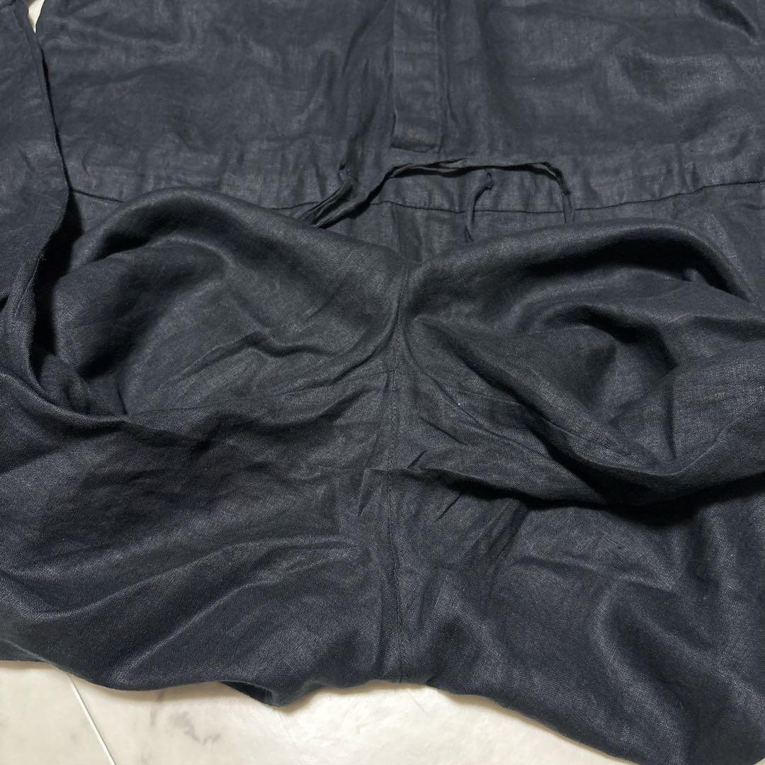 kagure リネンハーフスリーブオールインワン 比翼 ブラック 麻100%