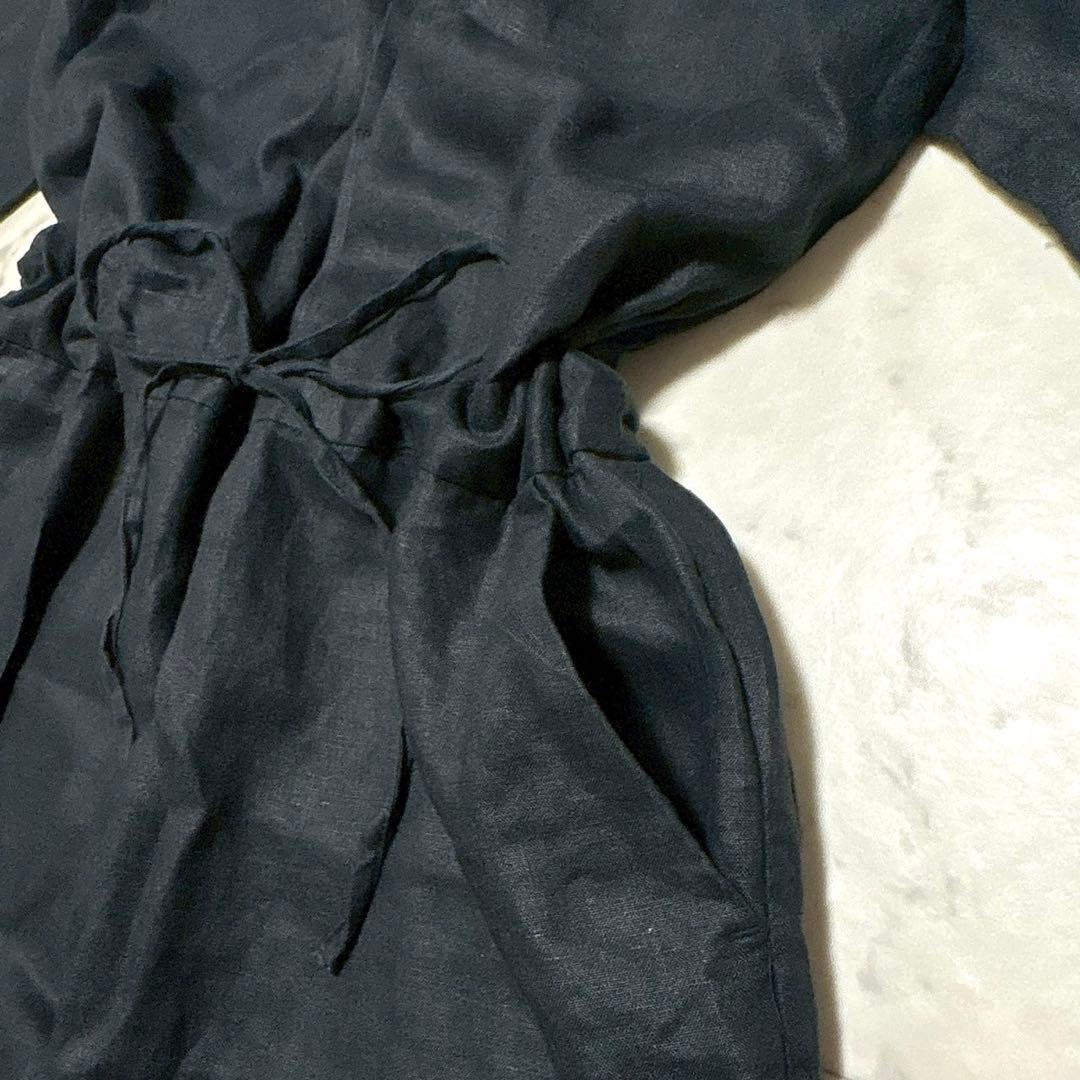 kagure リネンハーフスリーブオールインワン 比翼 ブラック 麻100%