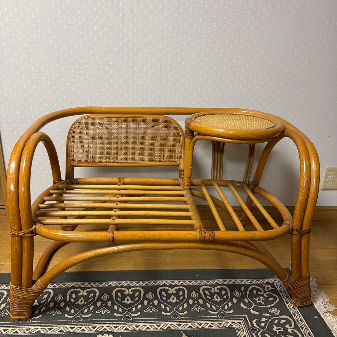 【状態良好 ❗️】アンティーク 昭和レトロ ラタン 藤 電話台／サイドテーブル