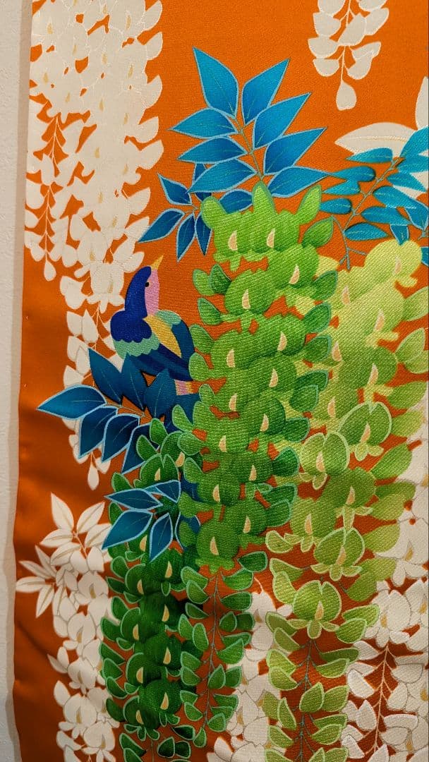 【新品】振袖 オレンジ 藤の花と鳥柄•Мサイズ