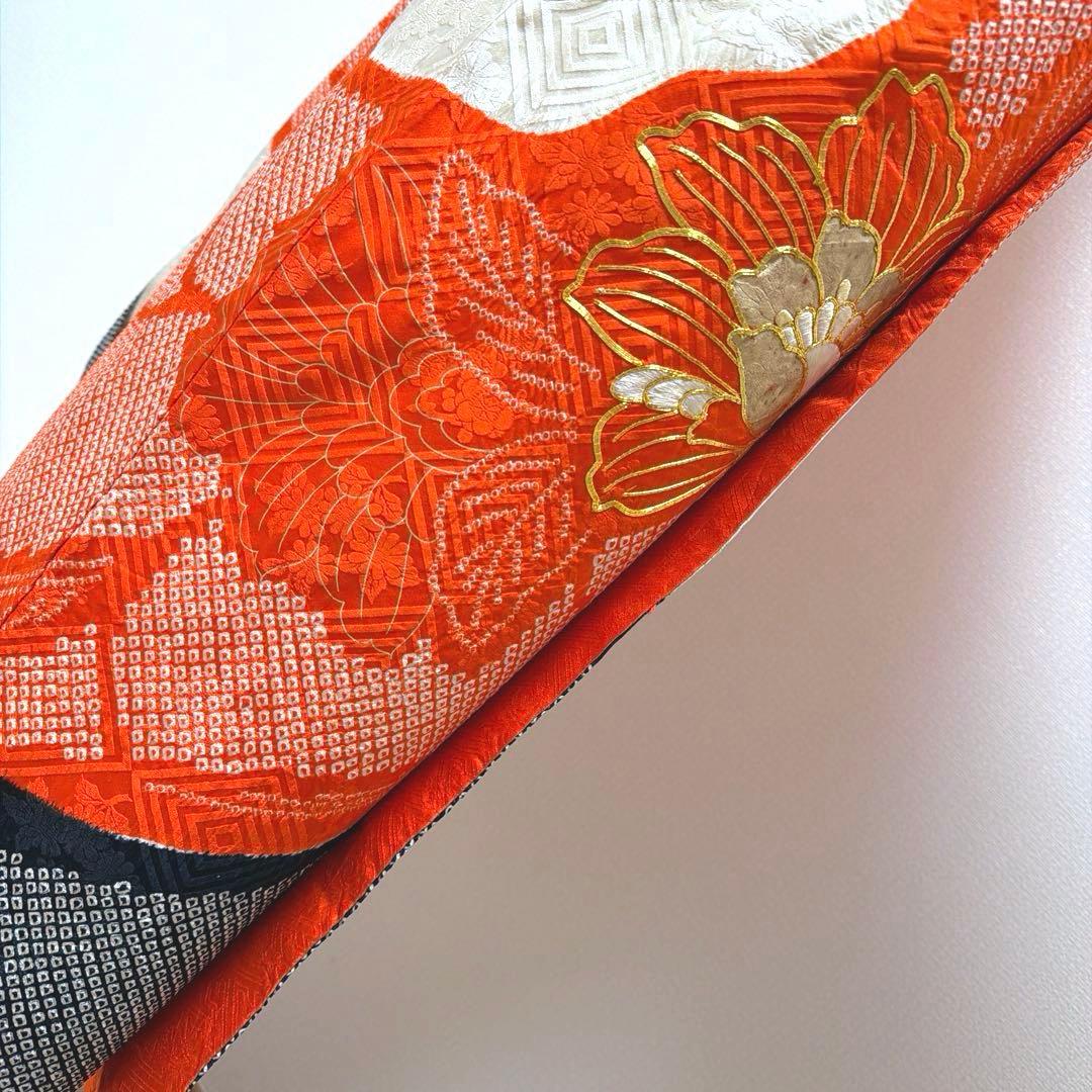 21 振袖フルセット 正絹 朱赤 黒 金彩 絞り 駒刺繍 レトロ アンティーク