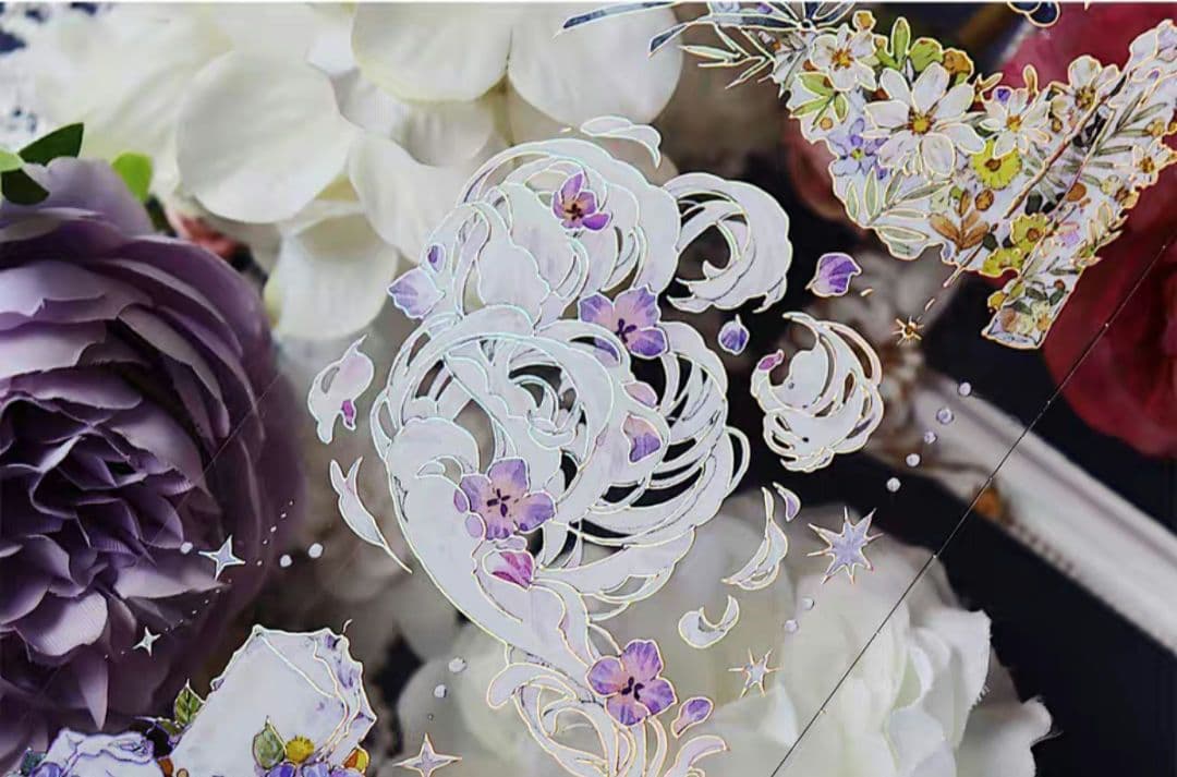 巻売 496★ 海外 マスキングテープ マステ PET 装飾 花 銀ホロ