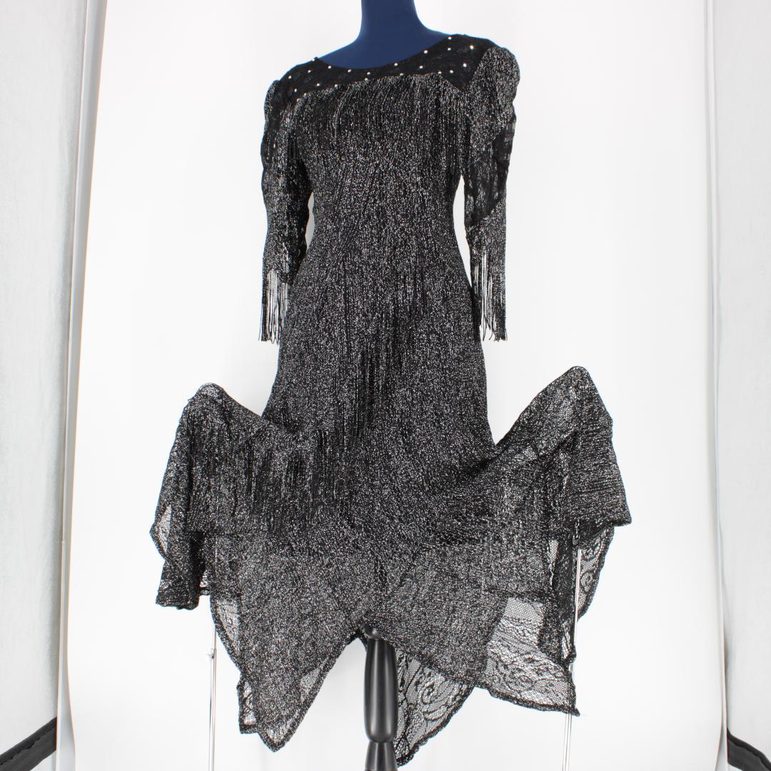 【美品 社交ダンス衣装】ワンピース ドレス 黒 ブラック ラインストーン レース