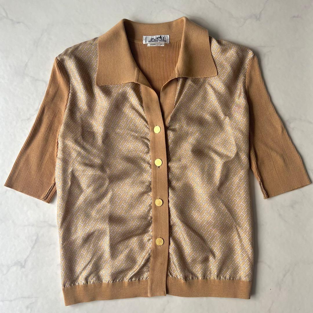 エルメス シャツ Hロゴ 金ボタン シルク ニット切替 ブラウン 40 フランス