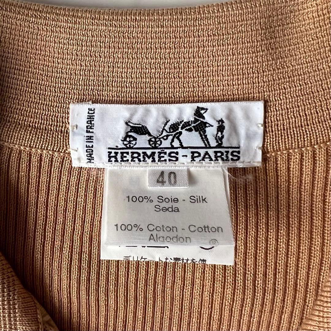 エルメス シャツ Hロゴ 金ボタン シルク ニット切替 ブラウン 40 フランス