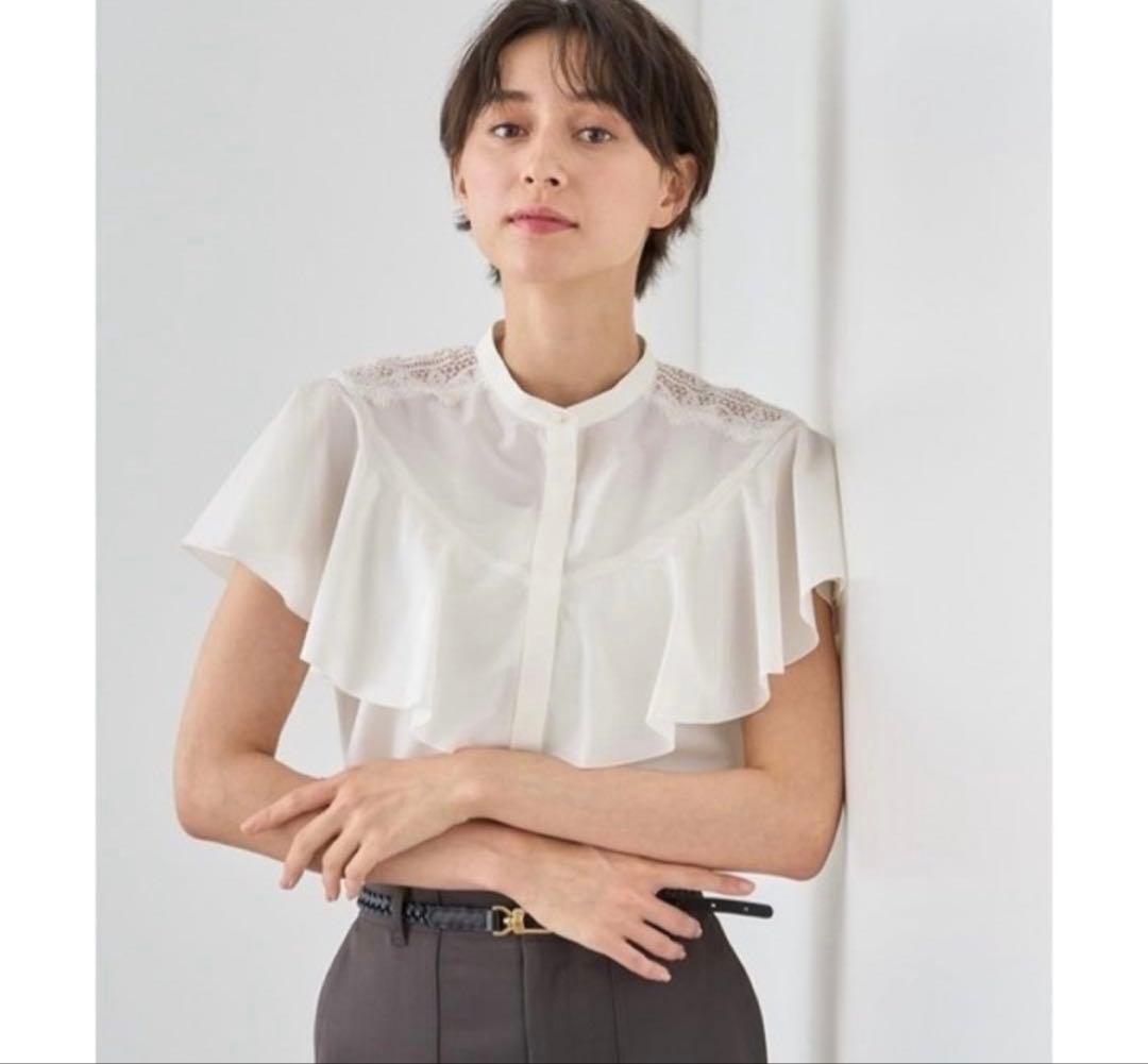 売り切り新品　アナイ　トリアセコットンレースラッフル ブラウス　36