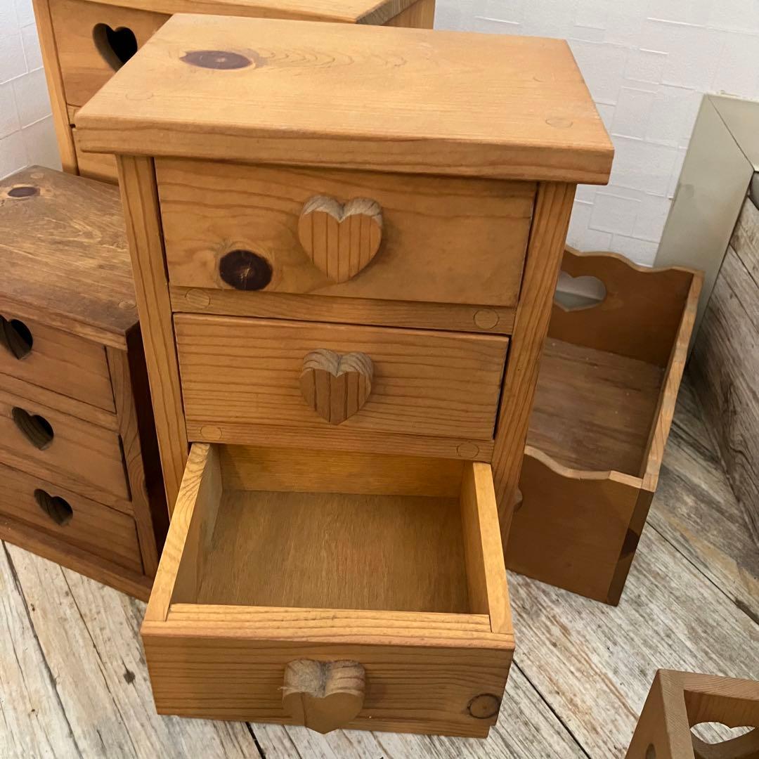 カントリー家具　ハートのくりぬき　ハンドメイド品　木製チェスト 5点セット