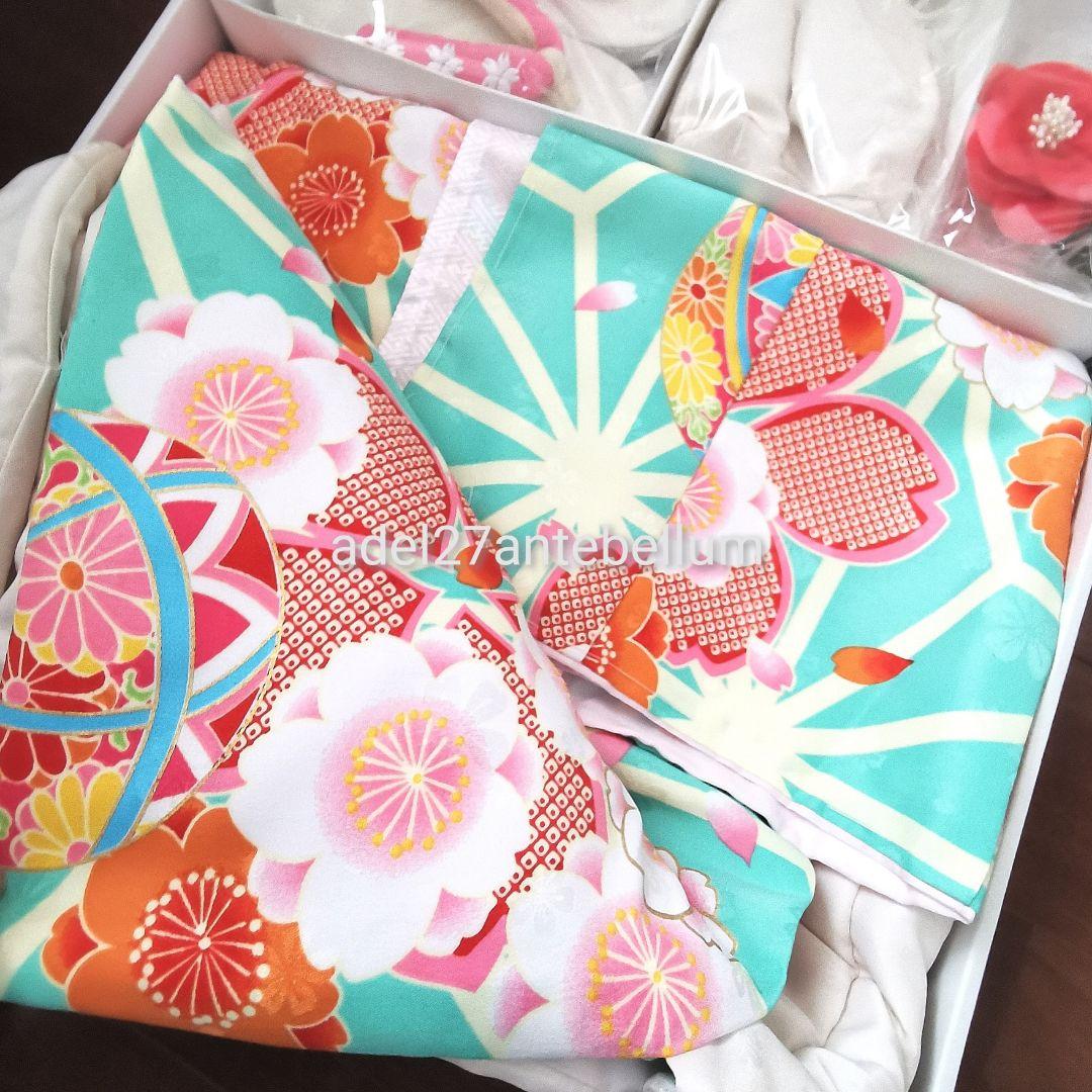 新品小町kids七五三3歳着物コート8点セット花柄薄緑白髪飾り巾着袋下駄お祝い着