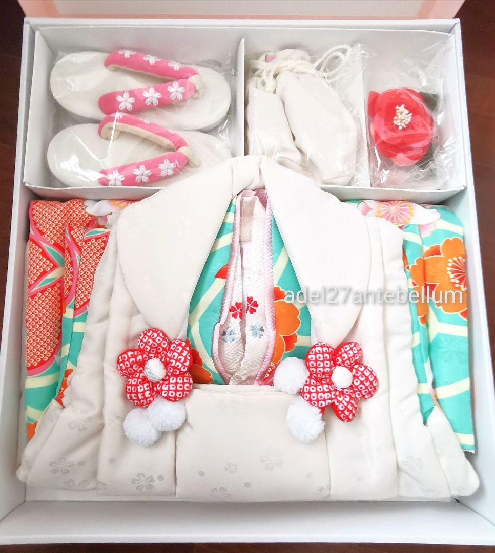 新品小町kids七五三3歳着物コート8点セット花柄薄緑白髪飾り巾着袋下駄お祝い着