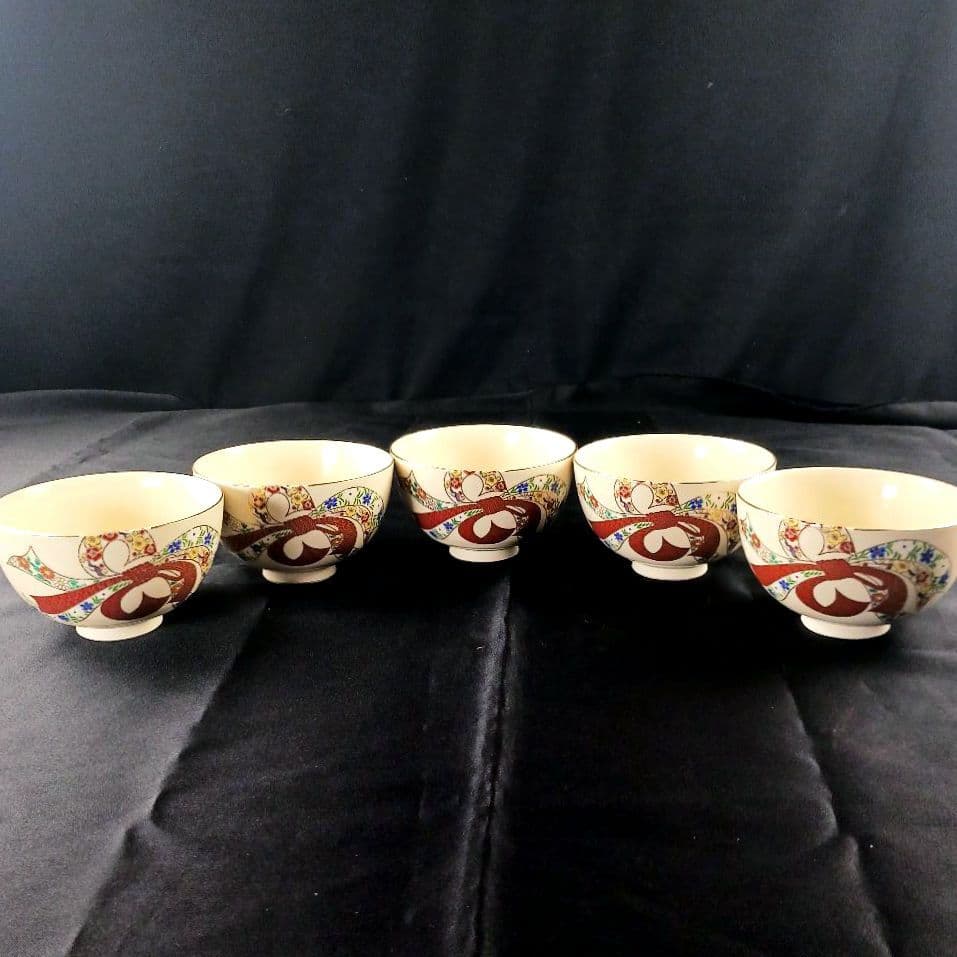 Y3386-2 仁清写 熨斗色絵金彩 小鉢碗 5客セット 共箱