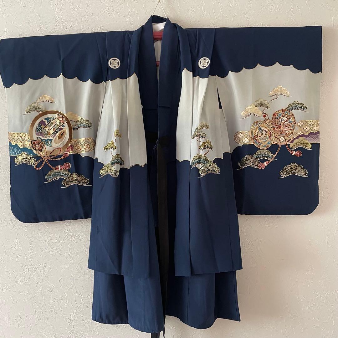 七五三　5歳　正絹　羽織　袴セット　ネイビーコーデ