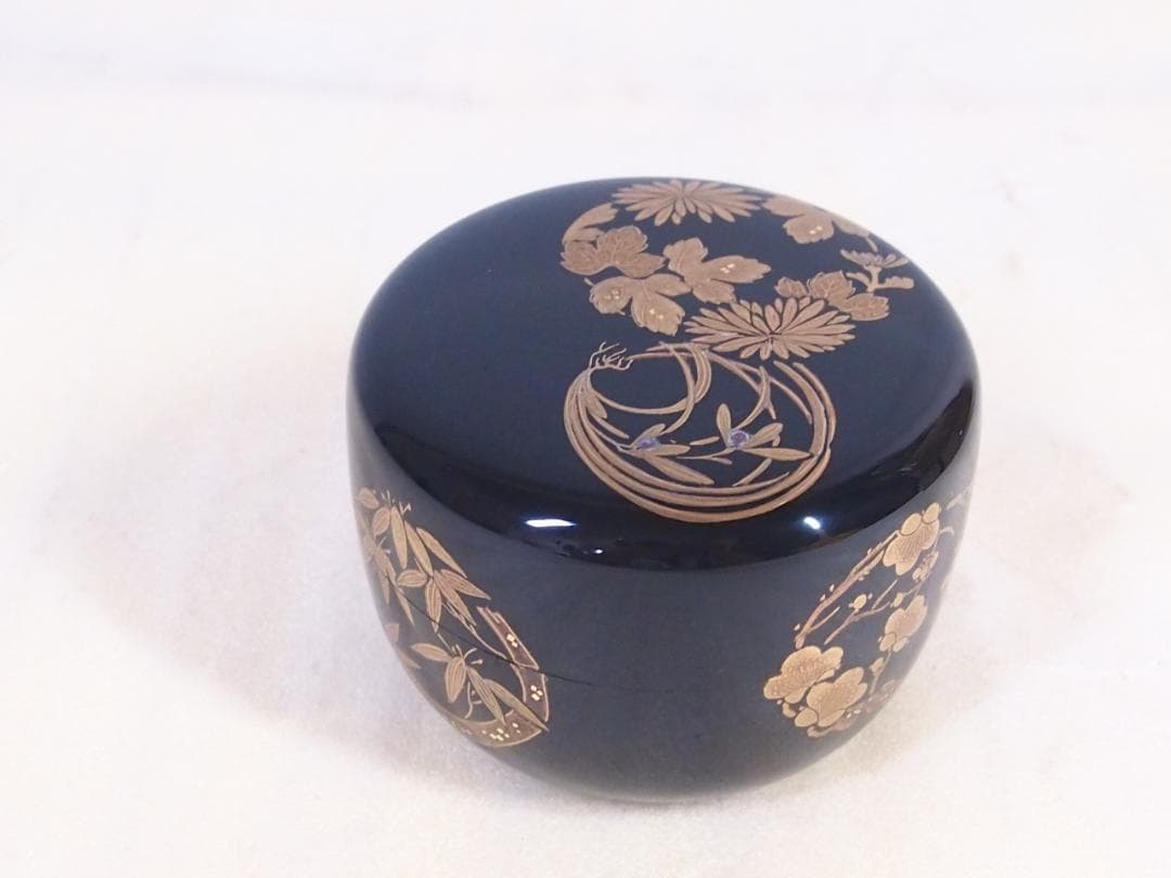 【美品】輪島塗 喜三誠志 四君子 花の丸蒔絵 平棗 薄茶器/茶入/なつめ 茶道具