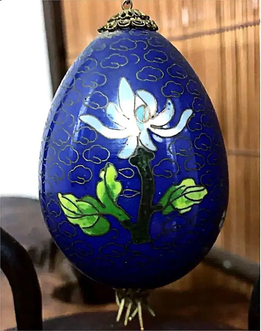 中国美術 花梅雲紋 吊り 古七宝 エッグ 唐木台 装飾