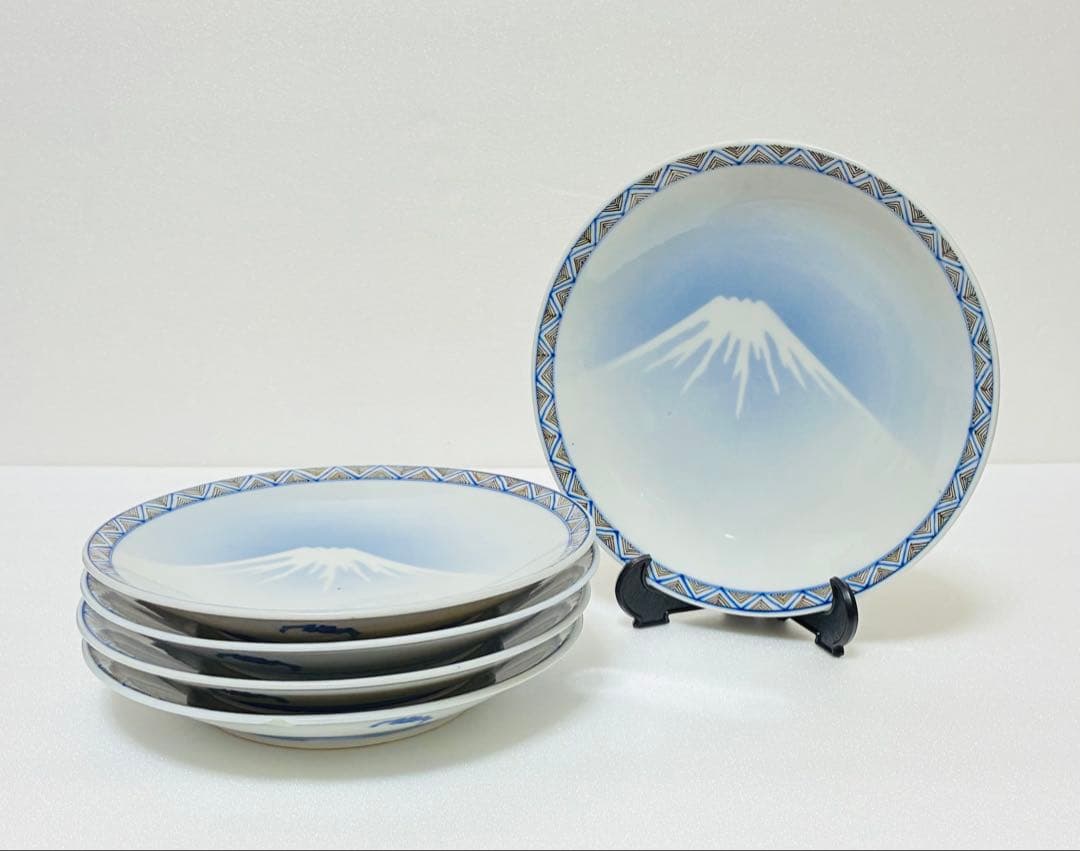 お一人様限り 明治 瀬戸焼 千峰園製 伊藤四郎左衛門 吹呉須富岳図6寸皿揃い