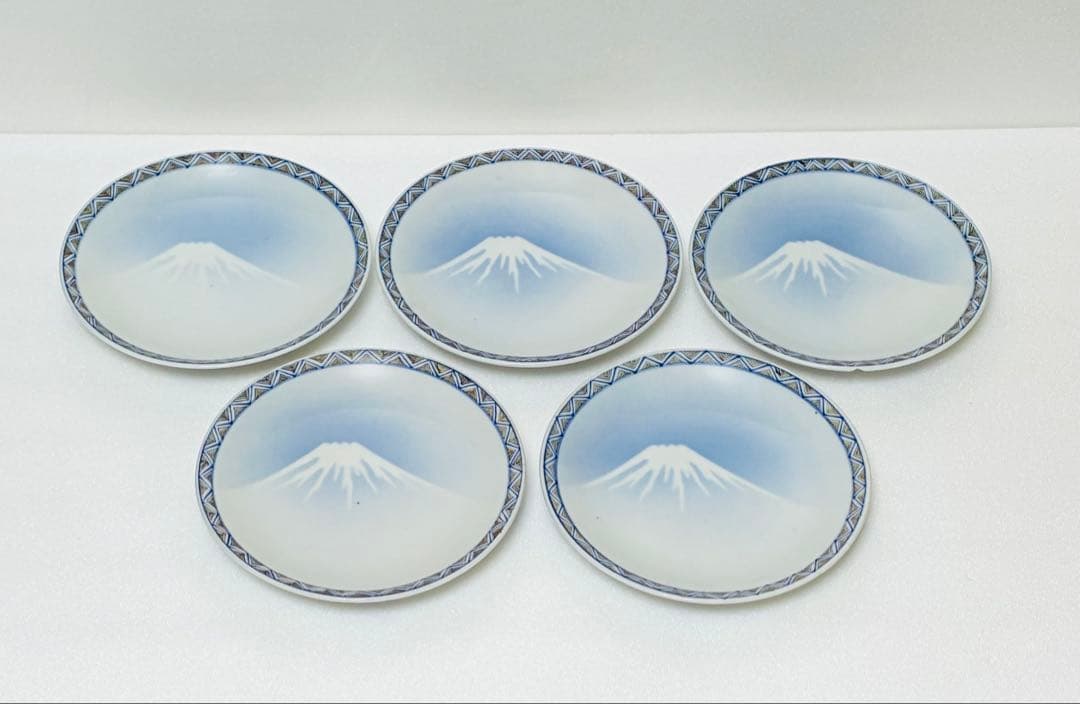 お一人様限り 明治 瀬戸焼 千峰園製 伊藤四郎左衛門 吹呉須富岳図6寸皿揃い