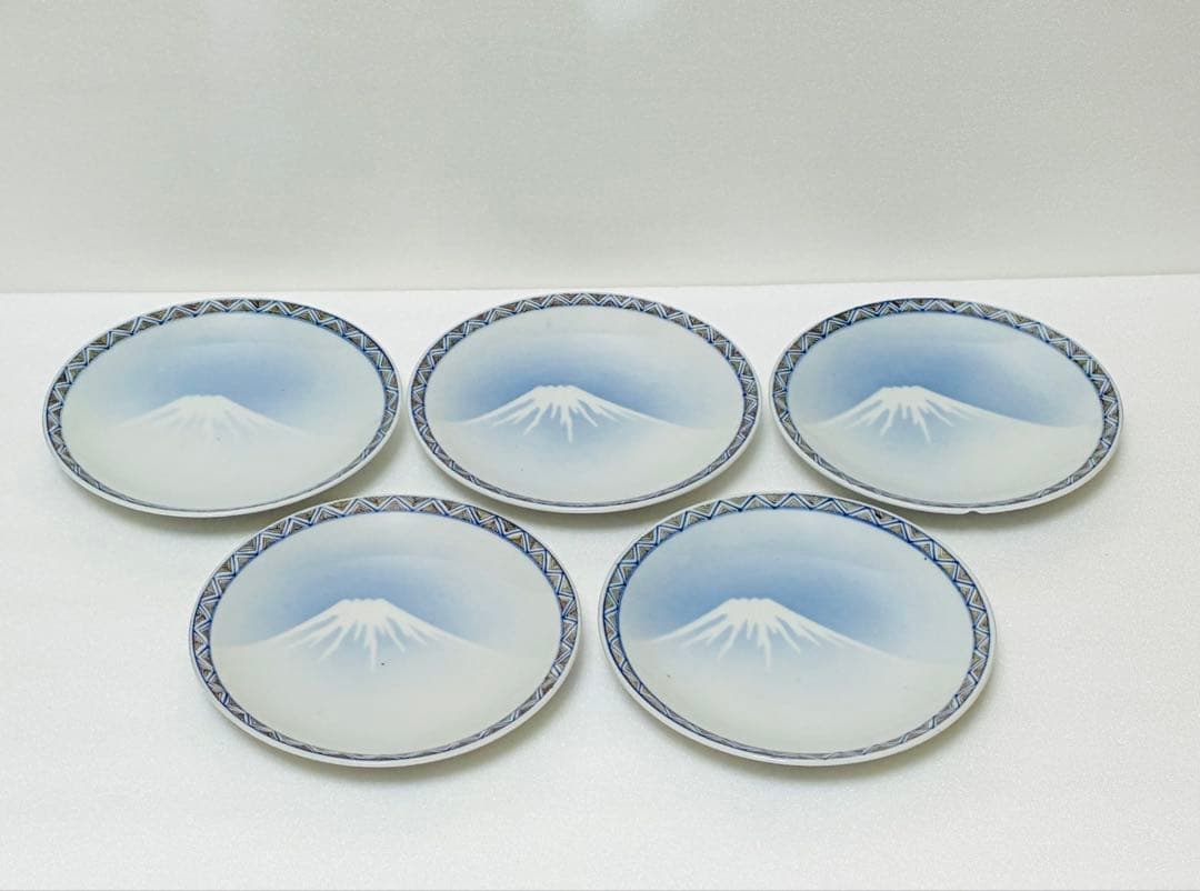 お一人様限り 明治 瀬戸焼 千峰園製 伊藤四郎左衛門 吹呉須富岳図6寸皿揃い
