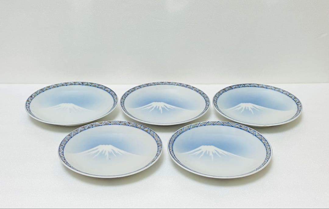 お一人様限り 明治 瀬戸焼 千峰園製 伊藤四郎左衛門 吹呉須富岳図6寸皿揃い