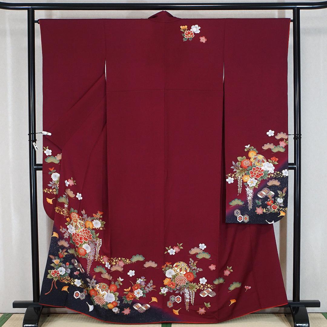 モダンなダークピンク　牡丹　藤　正絹振袖　長襦袢付　160cm　a657