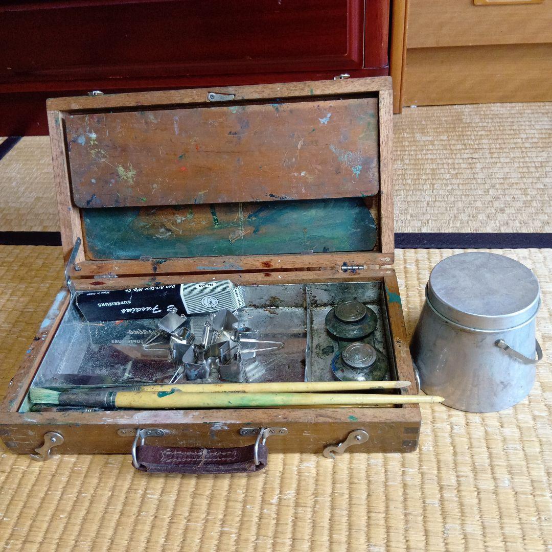 昭和レトロ 　古い昭和の木製 イーゼル　油絵の道具一式まとめ 出品