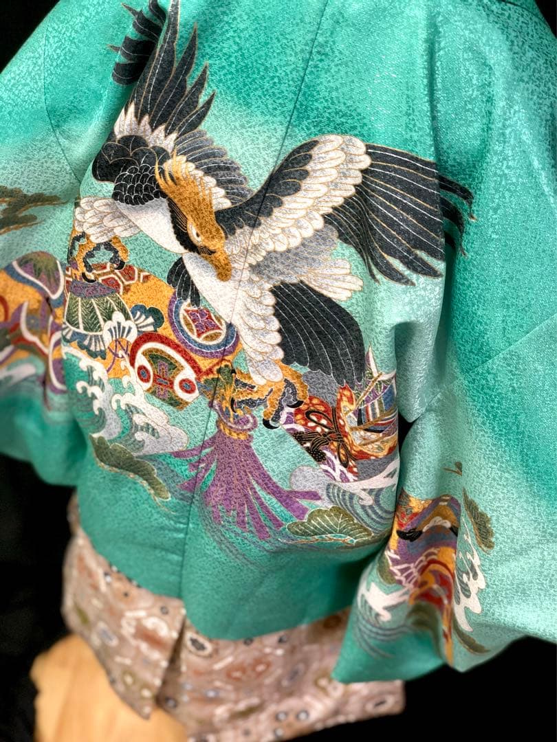 七五三 3歳　小柄　5歳　男の子　エメラルドグリーン　羽織　着物　袴　セット