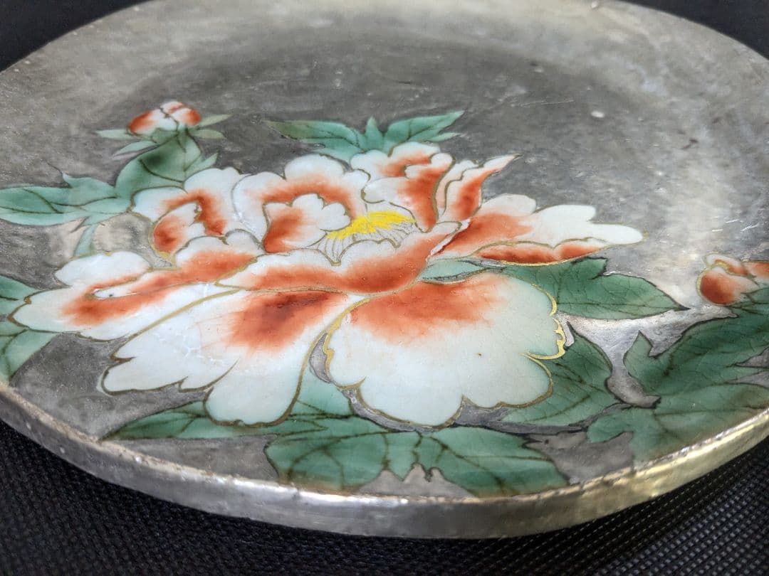 陶あん 清水焼 京焼 色絵付け 銀彩 牡丹 中皿 お皿
