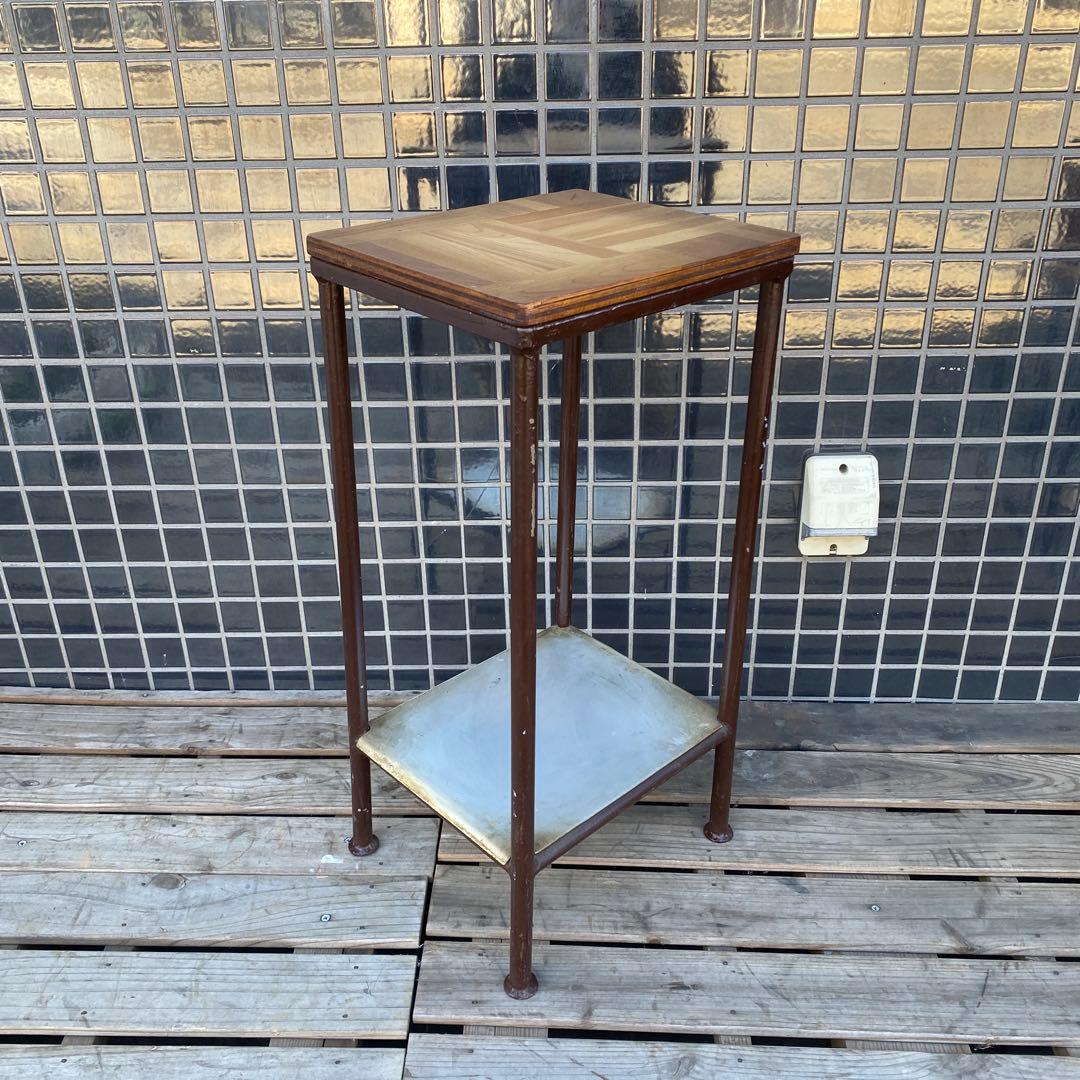 A 昭和レトロ 鉄脚スツール ヴィンテージ 寄木細工 古家具 インダストリアル