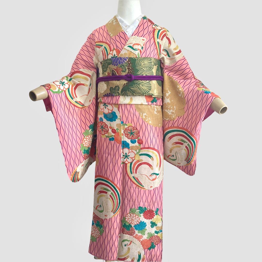 アンティーク ジュニア 着物 鳳凰 花丸文 アンティーク着物 NO66