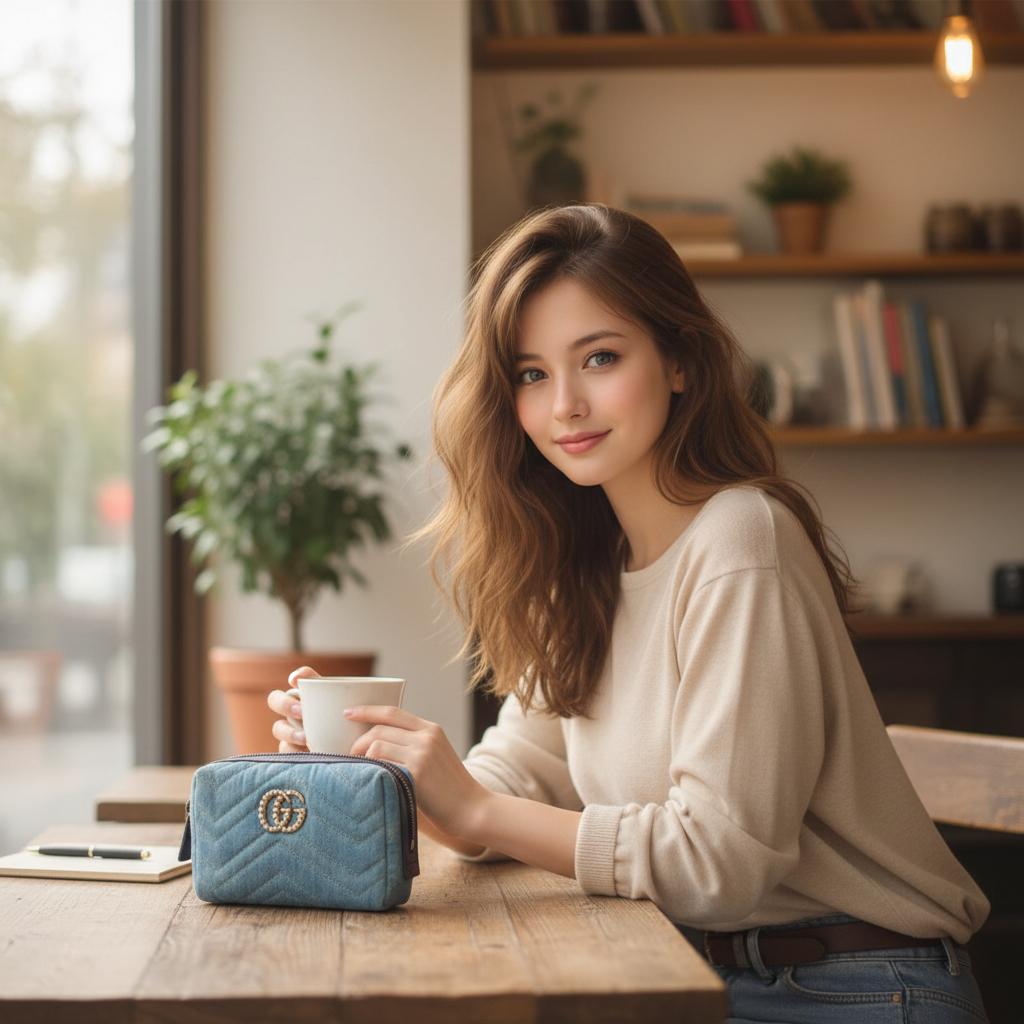 GUCCI グッチ GGマーモント デニム ポーチ パールロゴ