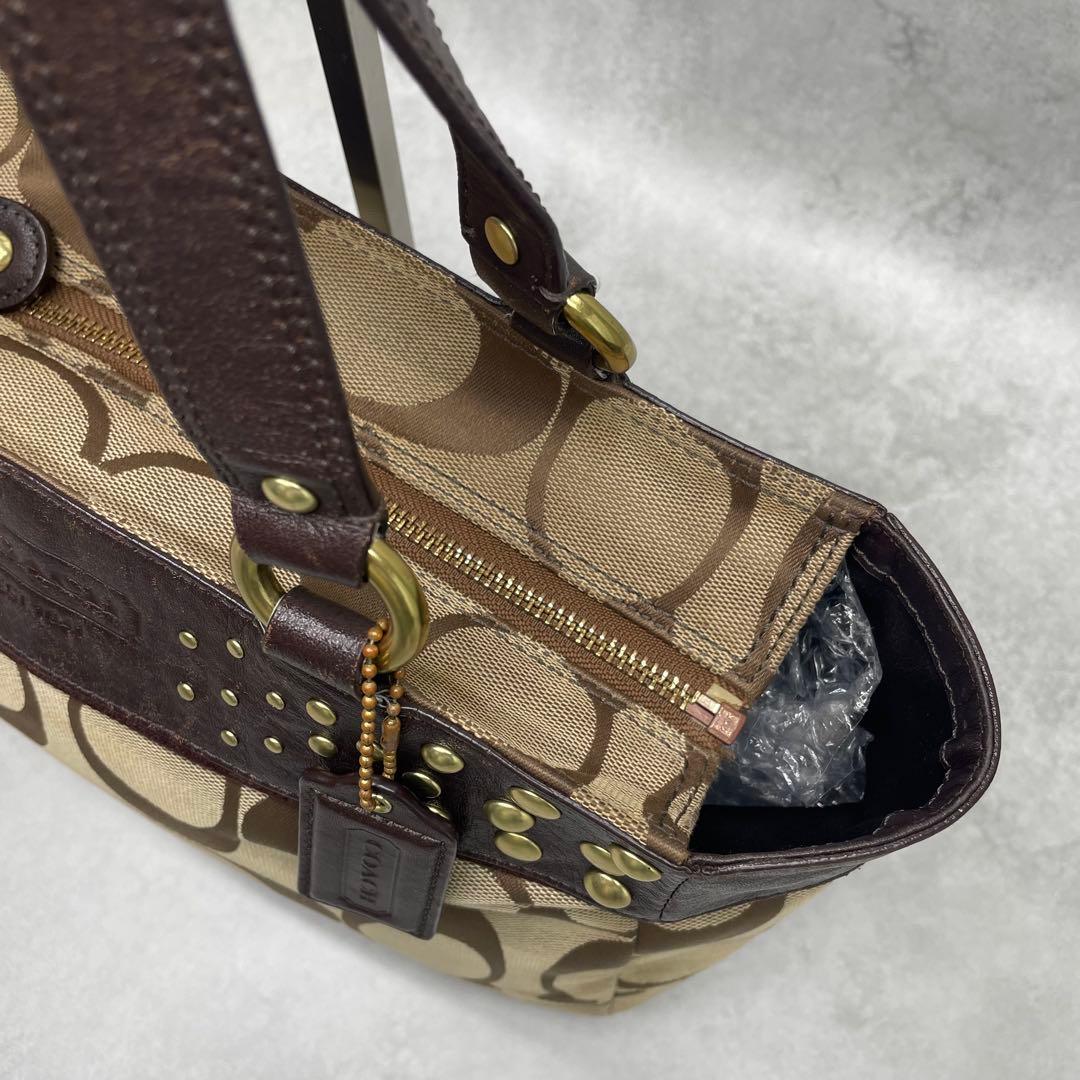 良品✨コーチ トートバッグ キャンバス×レザー スタッズ シグネチャー 肩掛け