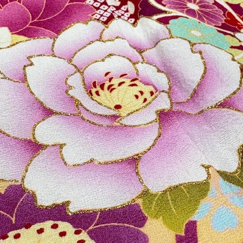 ゆりのはな　本振袖　京友禅ボカシ染め　花柄　ピンク/赤紫色系　正絹　J205