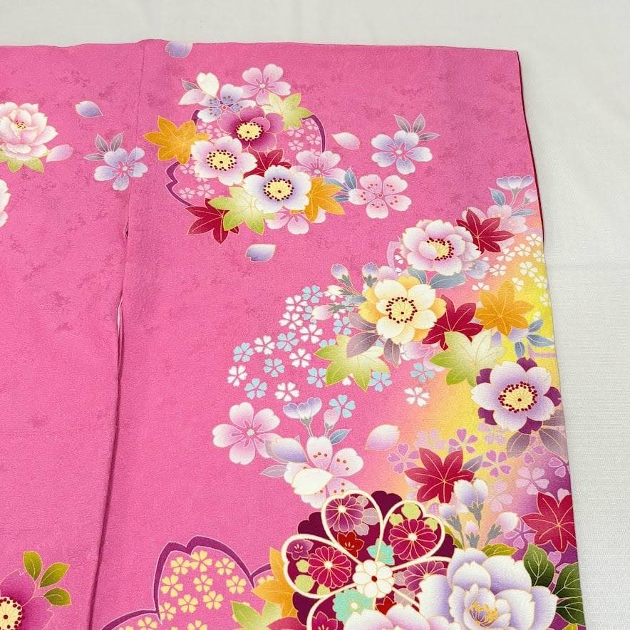 ゆりのはな　本振袖　京友禅ボカシ染め　花柄　ピンク/赤紫色系　正絹　J205