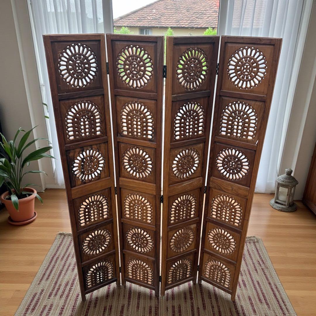 彫刻アンティーク 木製パーテーション 4連 透かし彫り 間仕切り