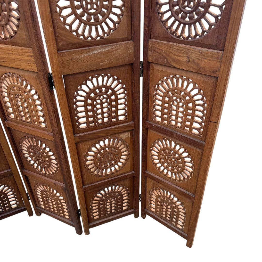 彫刻アンティーク 木製パーテーション 4連 透かし彫り 間仕切り