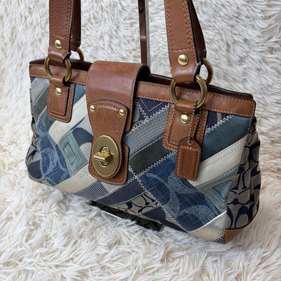 コーチ トートバッグ レザー パッチワーク ターンロック ゴールド金具 デニム