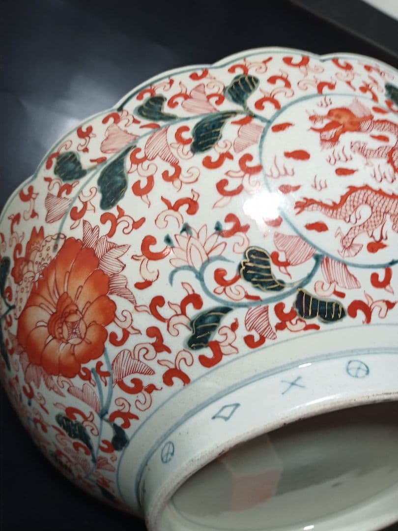 赤絵大鉢・金襴錦・輪花・古伊万里・33cm・特大