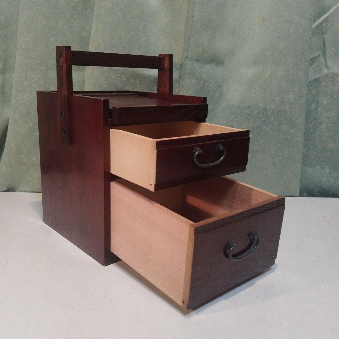 京都古民家より、昭和の鏡付化粧ケース　メイクボックス　木製手提げ