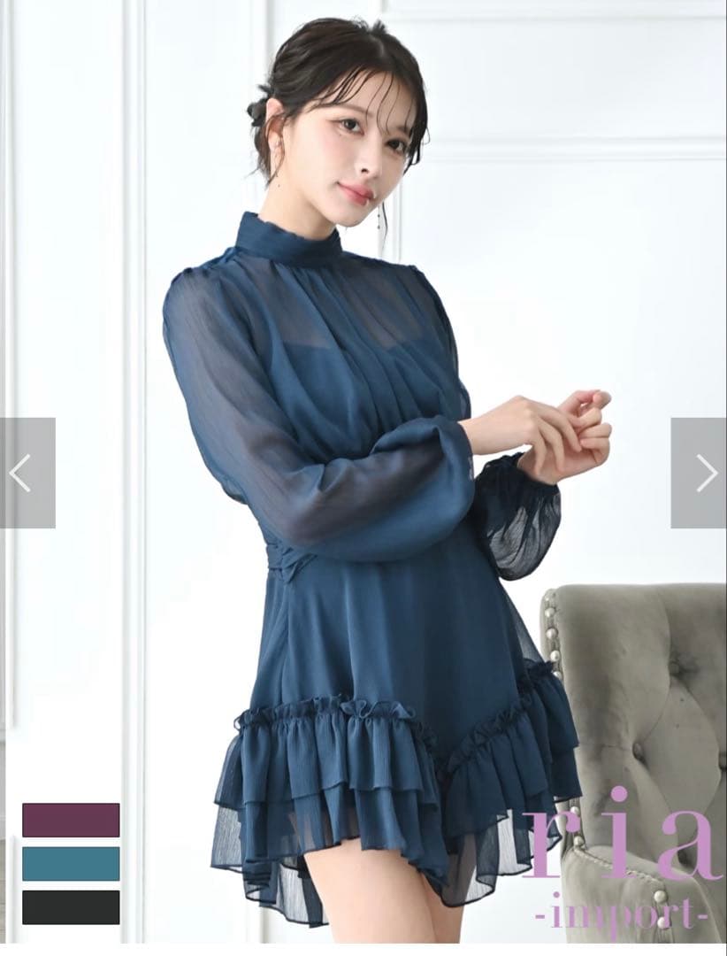 【ria】キャバドレスミニ/ワンピース/ネイビー/袖あり/長袖/フレア/シフォン