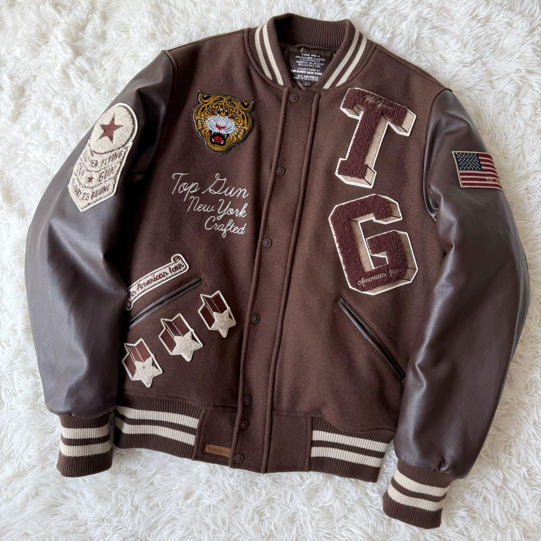 TOP GUN スタジャン TYPE MA1 ブラウン ワッペン 総柄 L相当