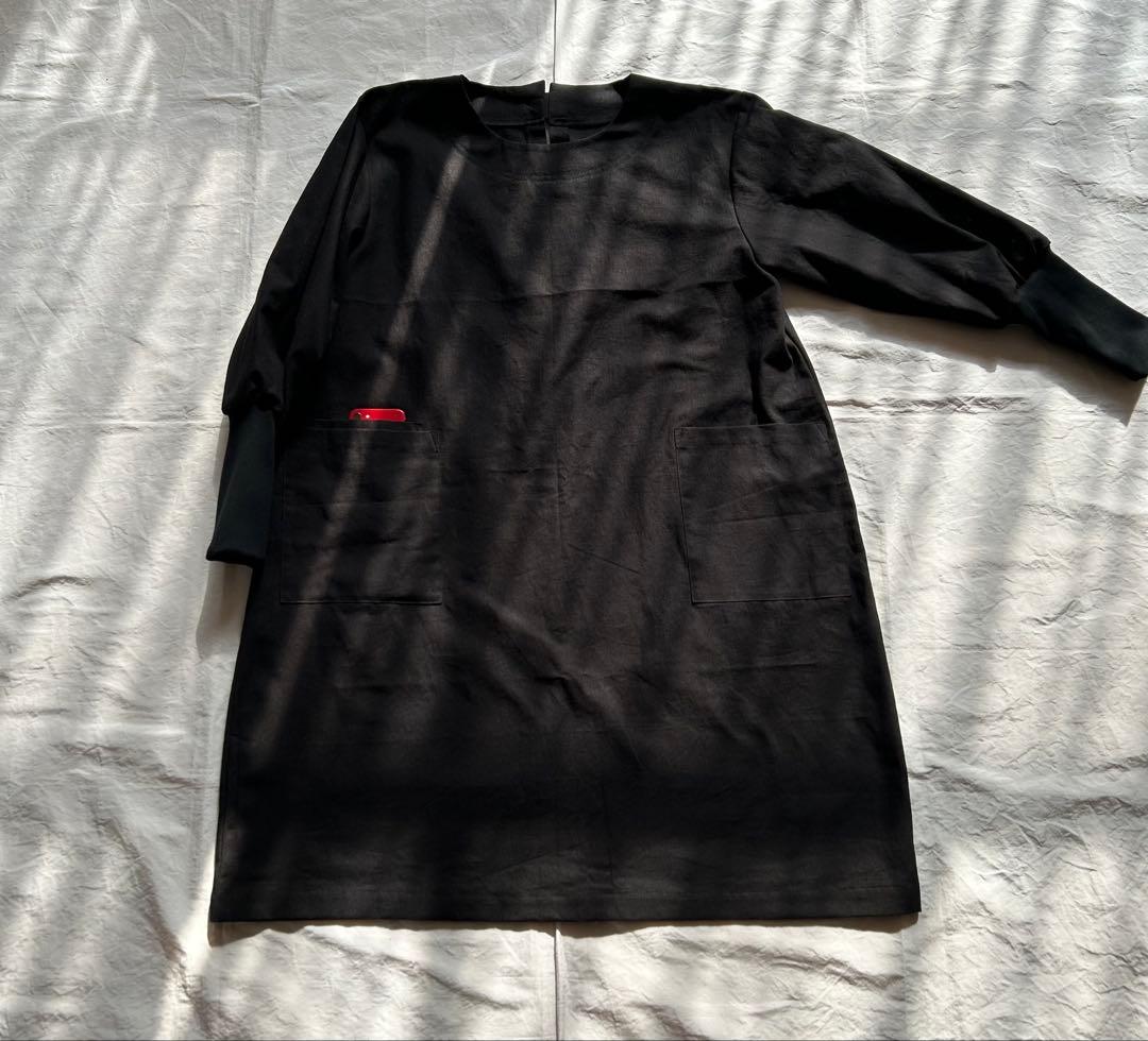 【あいさま専用ページ墨黒ブラック】しっとりめ肌感中厚＊リブ袖口かっぽう着ワンピ