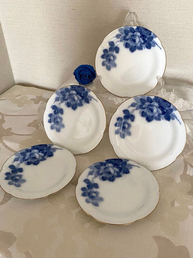 [未使用] 大倉陶園　岡染　ブルーローズ　 銘々皿　5枚