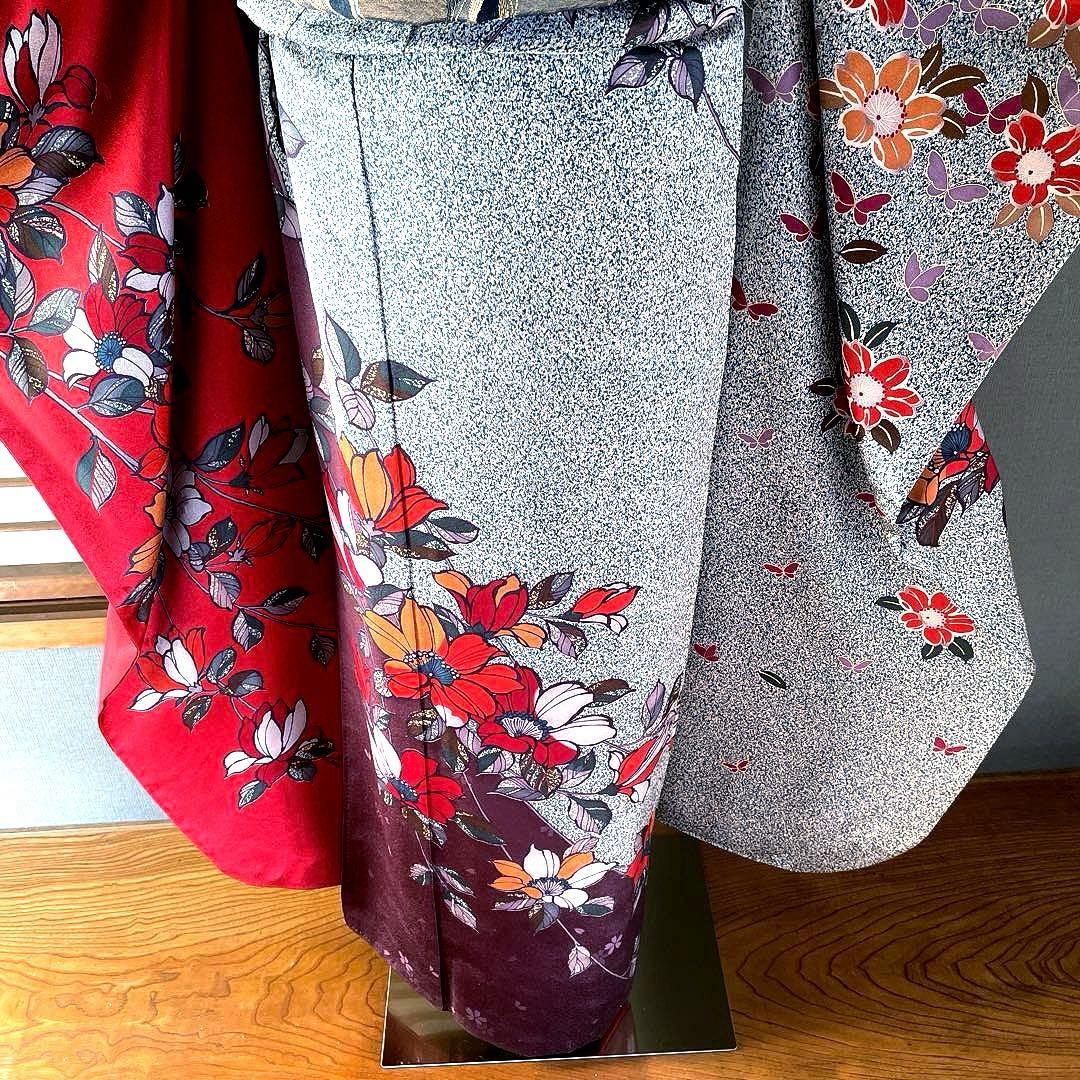 振袖フルセット　朱色手描き友禅　ブルーたたき染め　成人式振袖　振袖　染分け