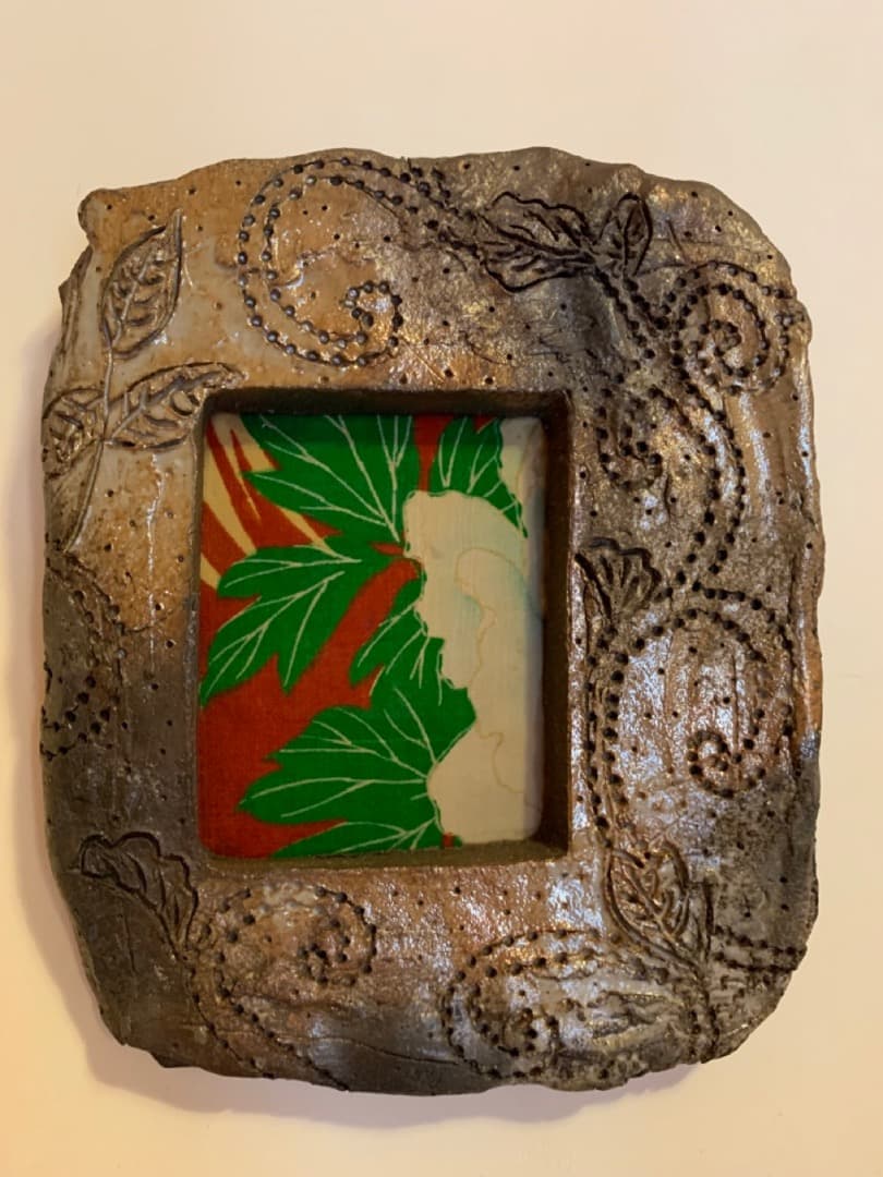 古布１　額　信楽焼　アート　美術品　陶製